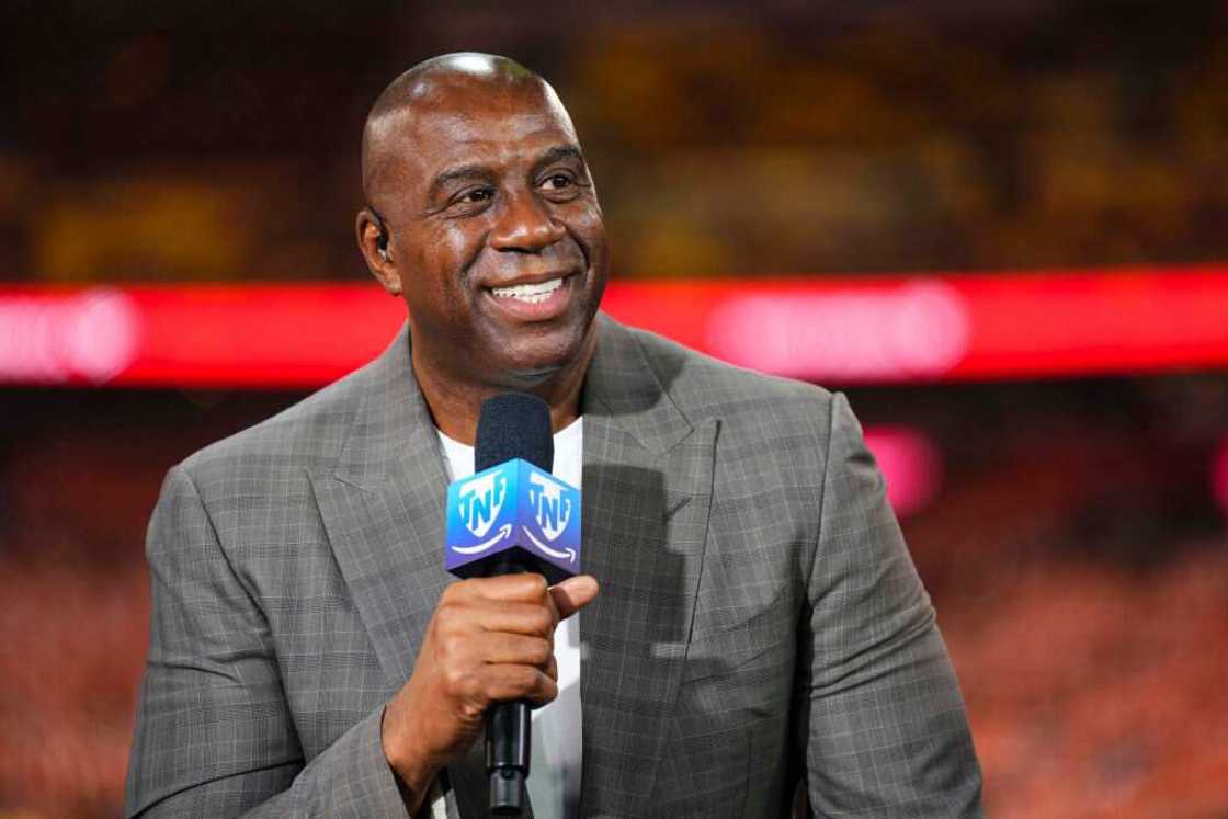 Magic Johnson visits on the set of the pregame show in Landover, Maryland.