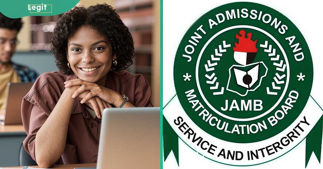 A Linguistics student with a laptop in a library. The JAMB logo.