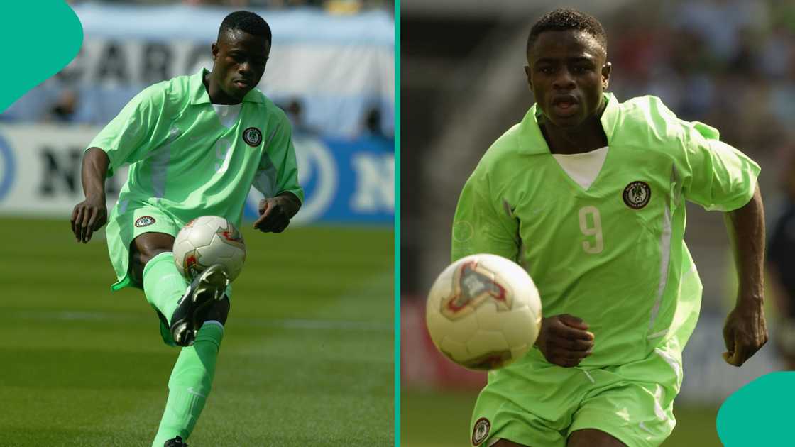 Bartholomew Ogbeche in action for Nigeria during the Group F World Cup match against Argentina in 2002. Photo by Alex Livesey and Stu Forster