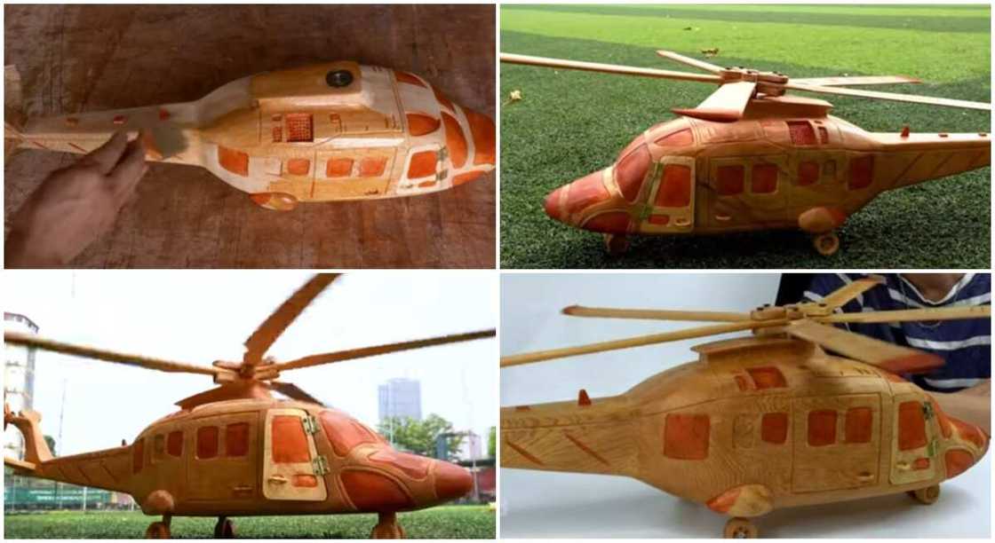 Talented man carves helicopter from wood.