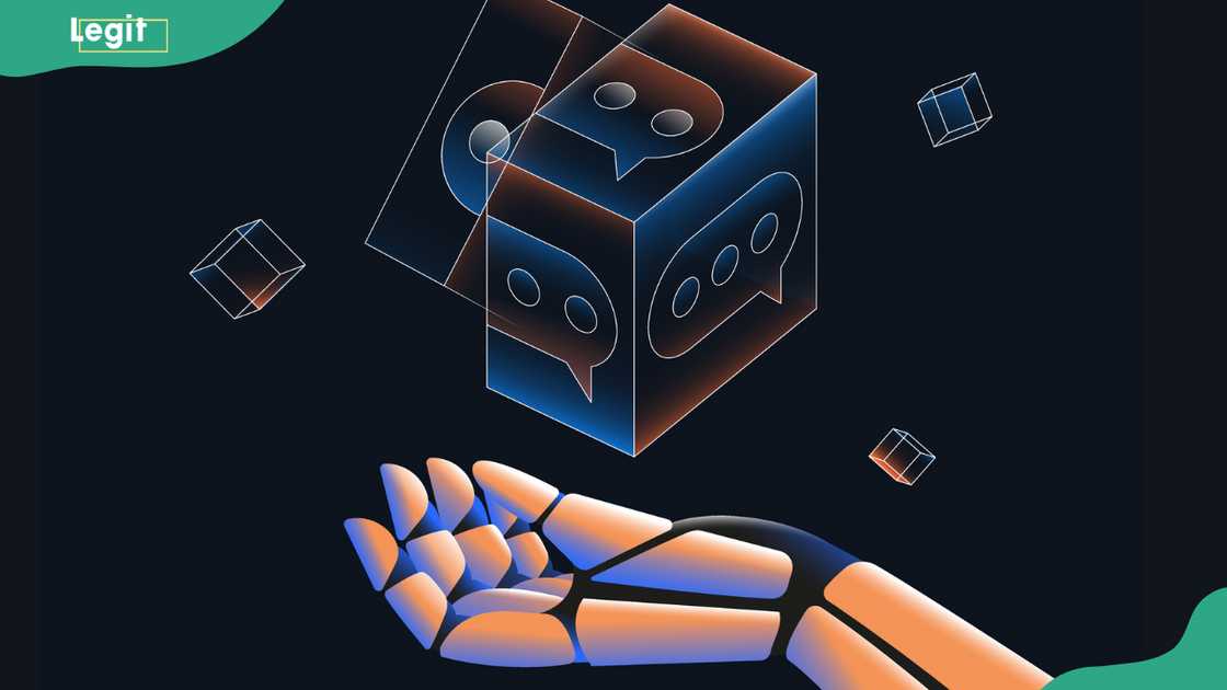 Robotic hand holding cube with text bubbles Robotic hand holding cube with text bubbles