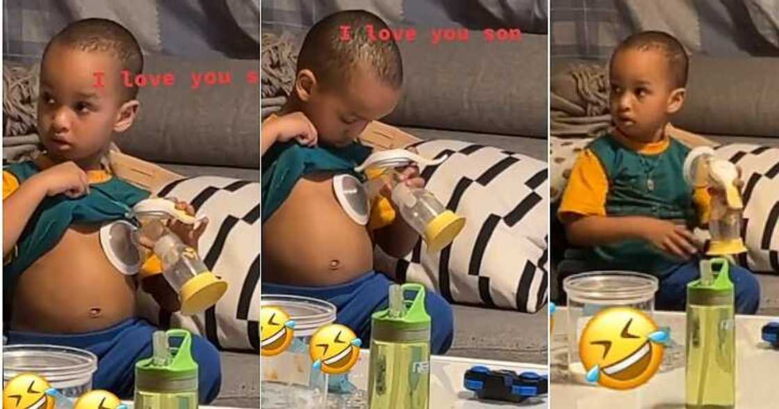 Little boy uses mum's breastmilk pump, funny video