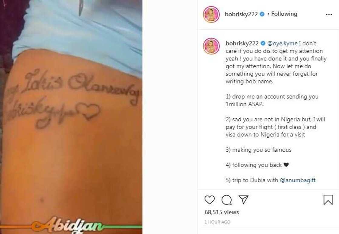 Bobrisky gifts another fan N1 million for tattooing his full name on her body Bobrisky gifts another fan N1 million for tattooing his full name on her body