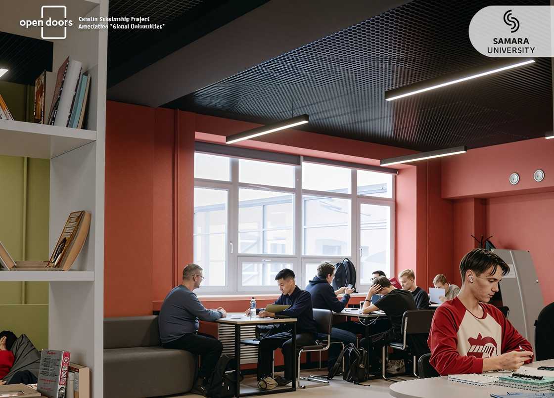 A university lounge with several students seated, studying, or working on laptops