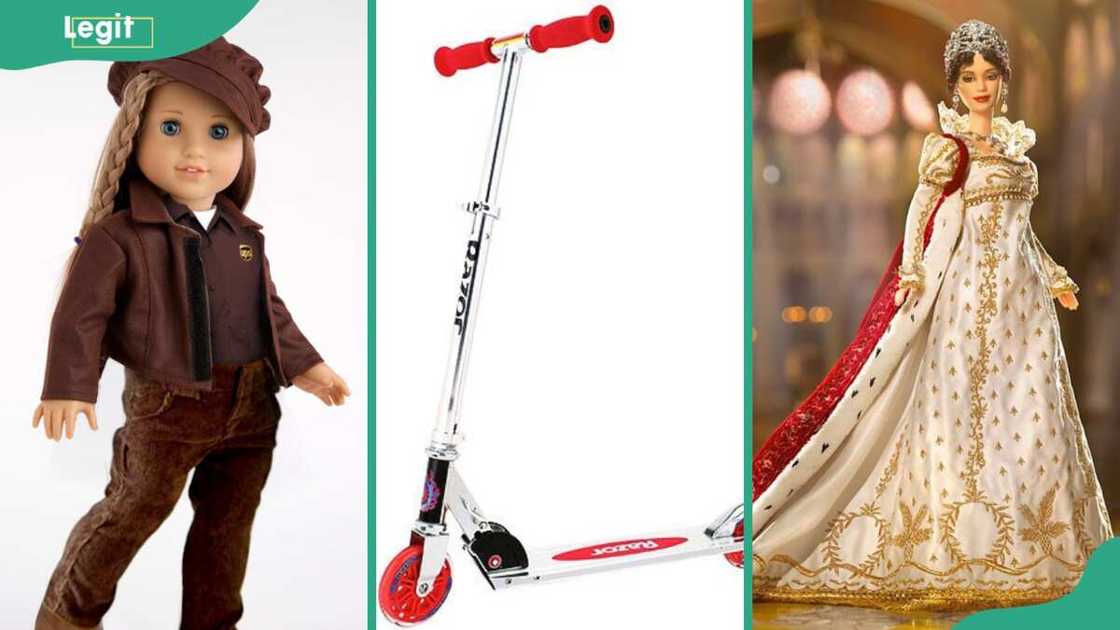 2000s toys: American Girl Doll (L), Razor Scooters (C), Marie Antoinette Barbie (R)