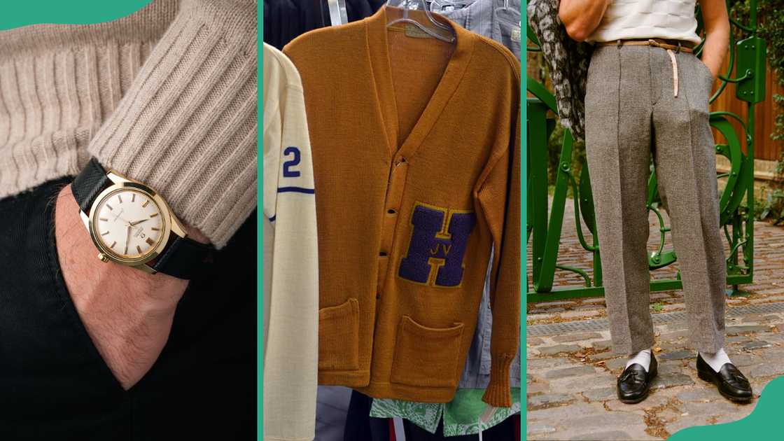 Classic leather wristwatch, Ivy League jacket, Oxford bags trousers and black leather shoes Classic leather wristwatch, Ivy League jacket, Oxford bags trousers and black leather shoes