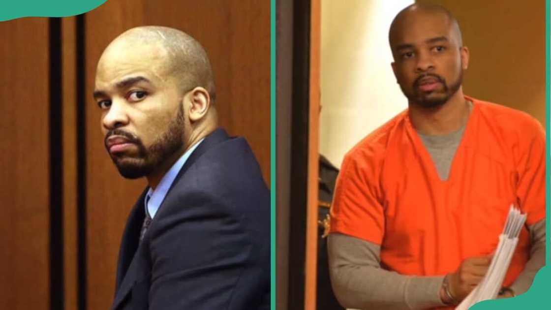 Michael Madison in court (L). The serial killer holding files (R)