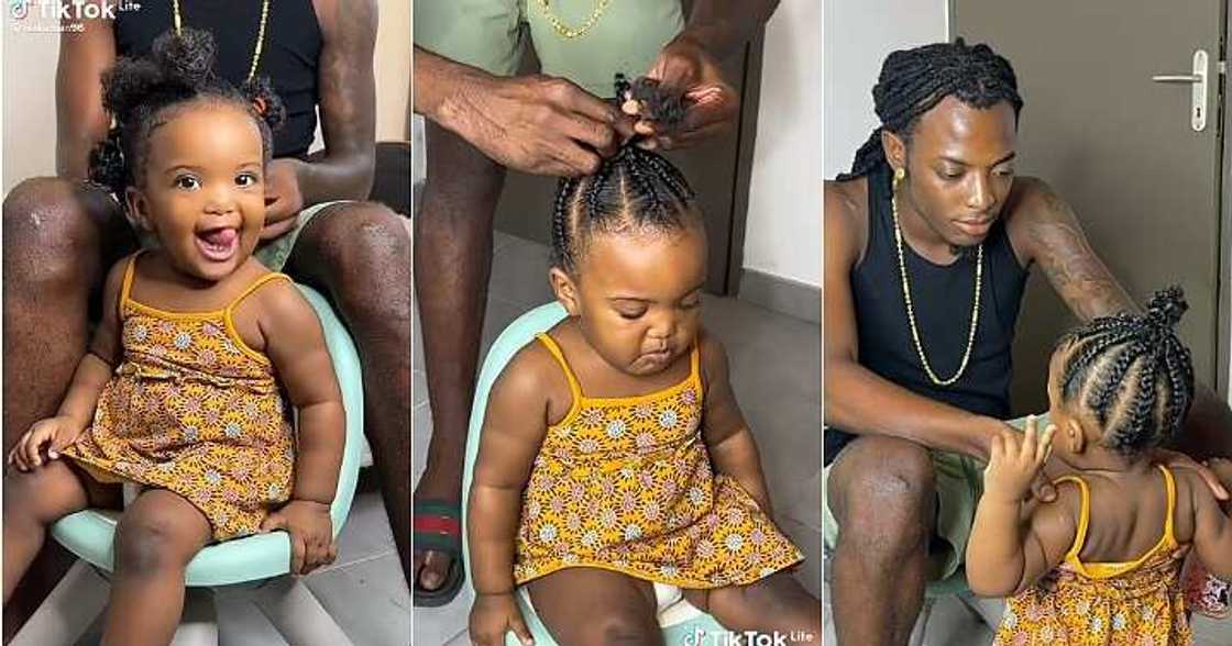 Dad braids daughter's hair Dad braids daughter's hair