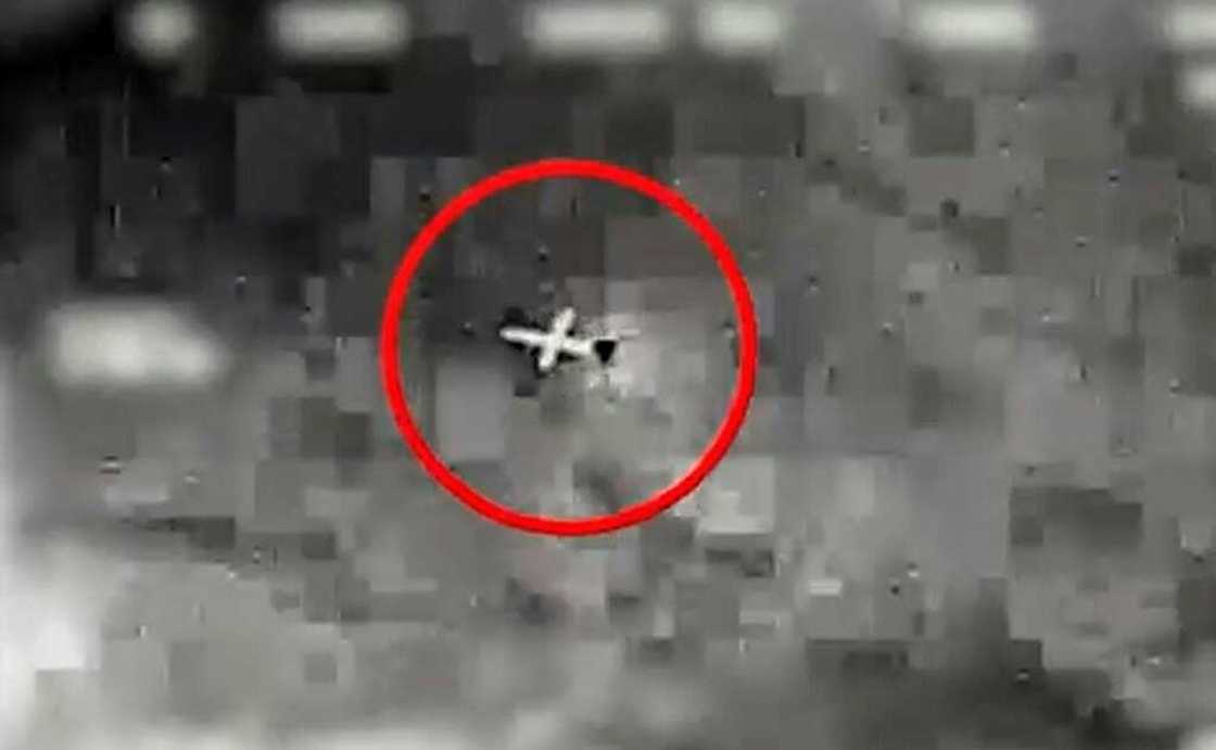 This image grab from a video released by the Israeli army spokesperson's unit on July 2, 2022, reportedly shows a drone launched by Lebanon's Hezbollah movement that was headed towards an offshore gas field in the Mediterranean