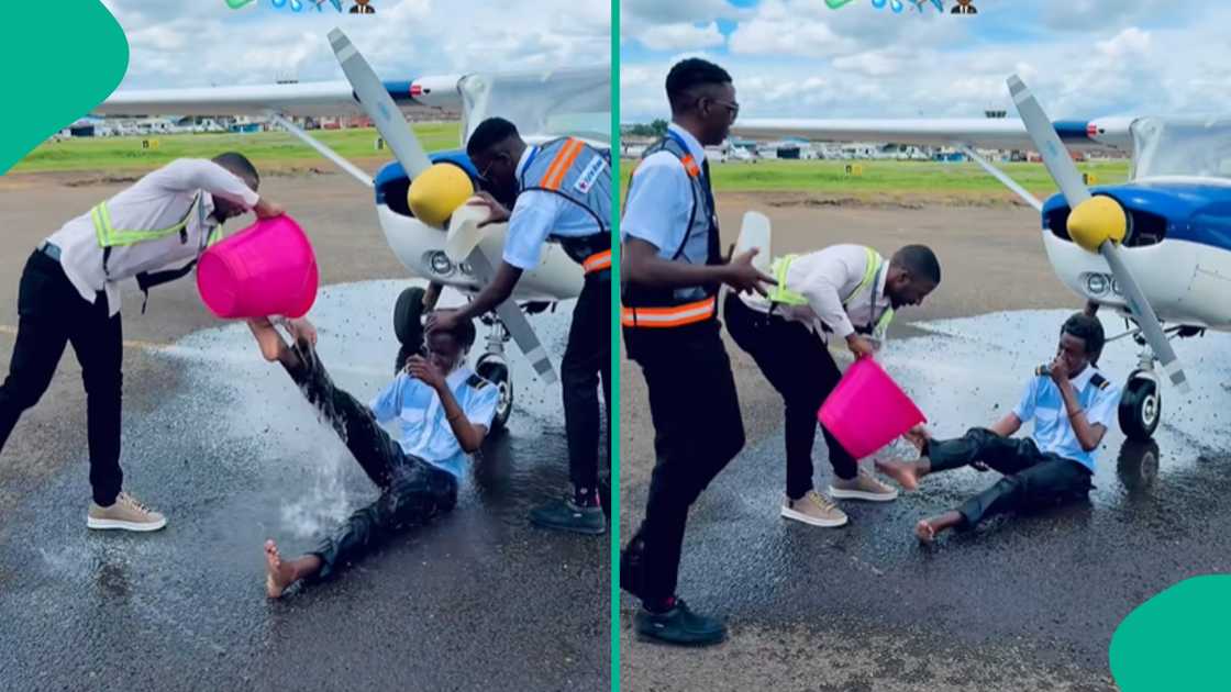 Trainee pilot who flew airplane for the first time celebrates. Trainee pilot who flew airplane for the first time celebrates.
