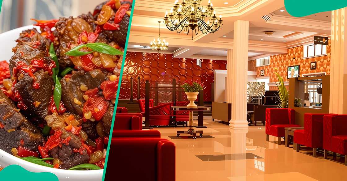 A plate of goat meat garnished with spring onions. An interior view of the restaurant A plate of goat meat garnished with spring onions. An interior view of the restaurant