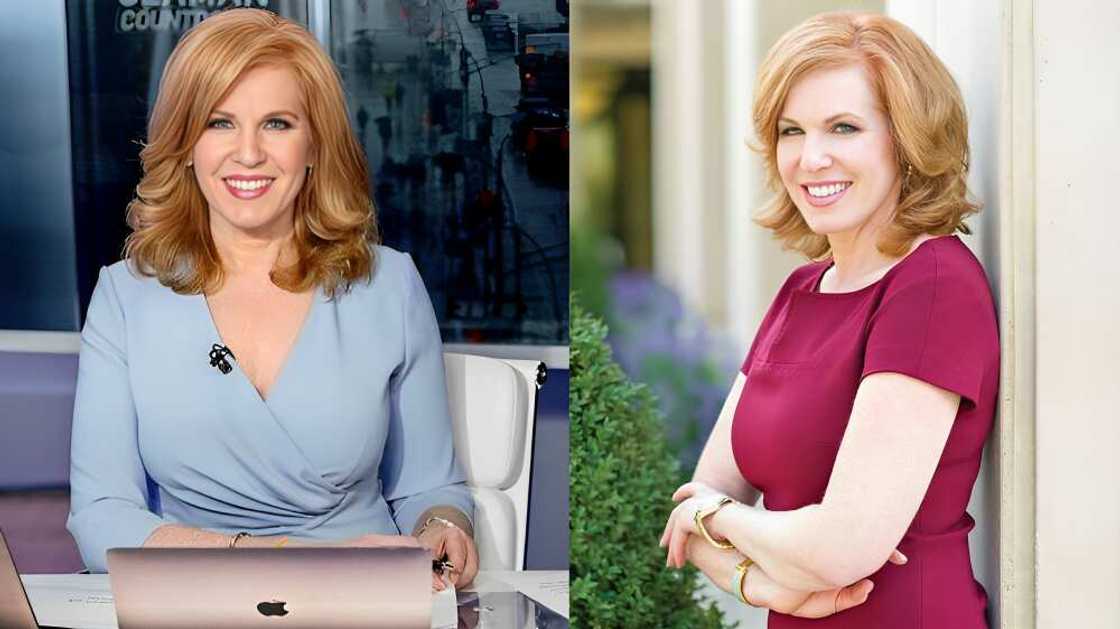 Liz Claman sitting behind a desk and leaning against a wall Liz Claman sitting behind a desk and leaning against a wall