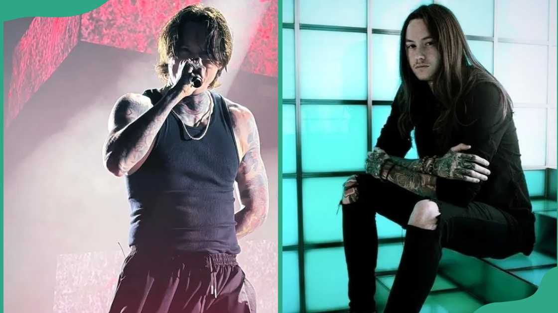 Noah Sebastian performing on stage and sitting on stairs.