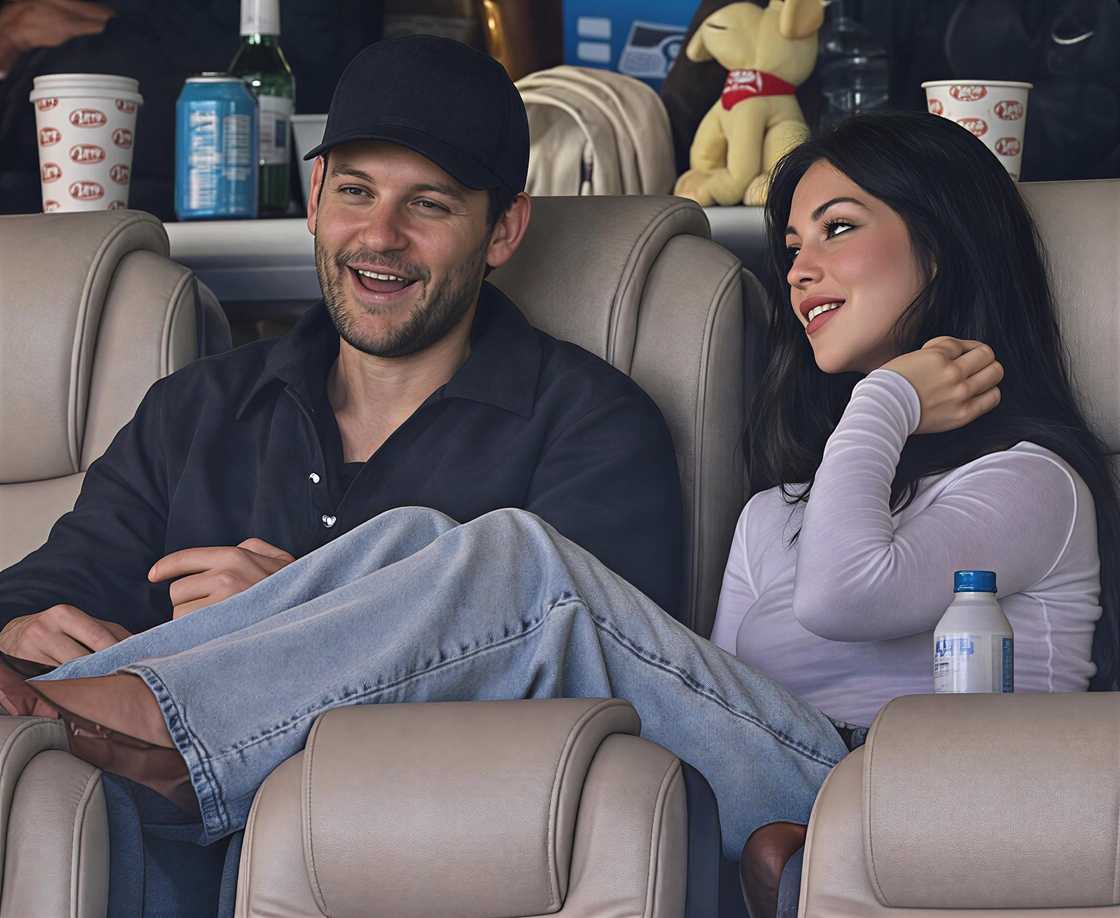 Tobey Maguire and Mishka Silva sit next to each other