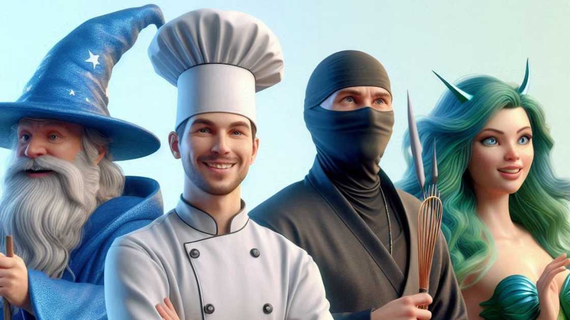 A Rhyme Without Reason image of people in a wizard, chef, a ninja, and a mermaid costumes A Rhyme Without Reason image of people in a wizard, chef, a ninja, and a mermaid costumes