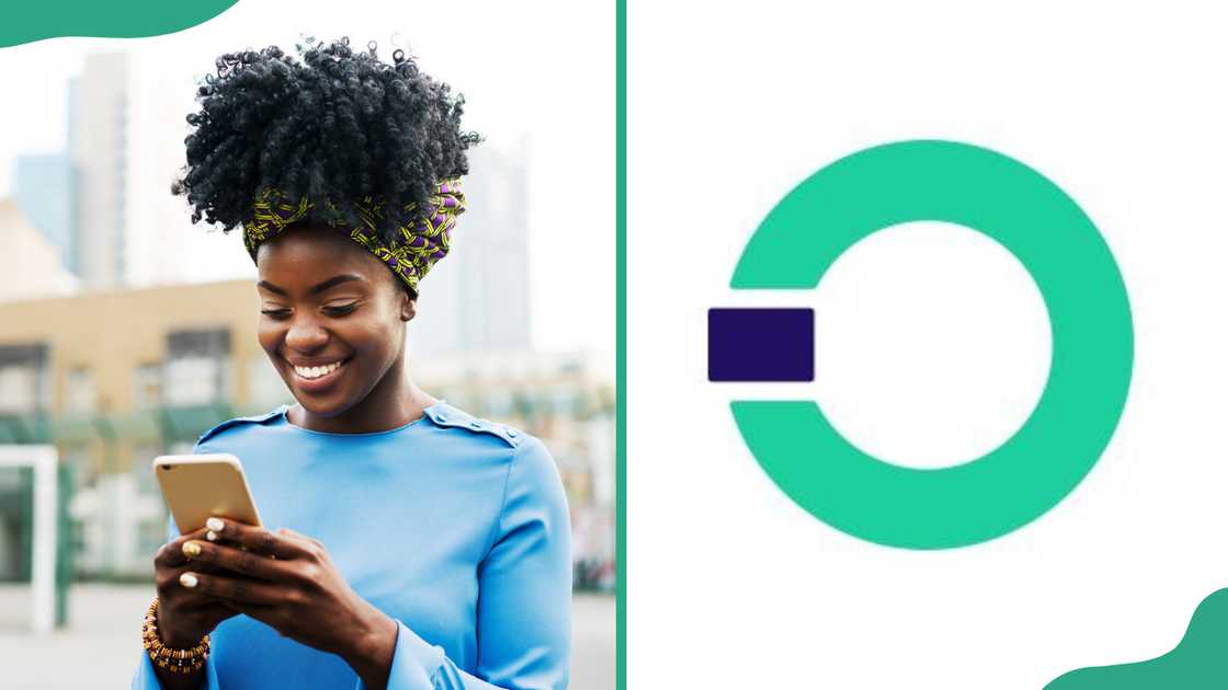A woman using a smart phone (L). Opay logo (R). A woman using a smart phone (L). Opay logo (R).