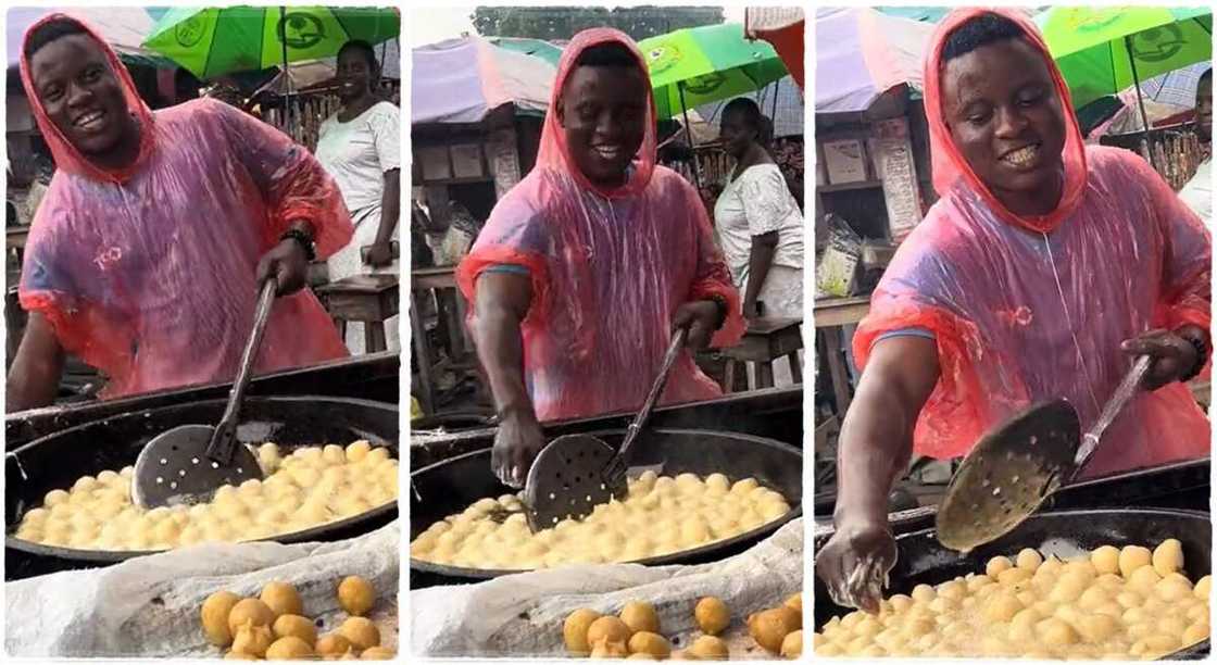 Photos of a man frying puff puff. Photos of a man frying puff puff.