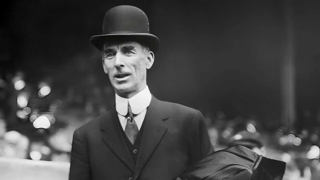 Connie Mack, Philadelphia Athletics's manager was pictured standing on a baseball field. Connie Mack, Philadelphia Athletics's manager was pictured standing on a baseball field.