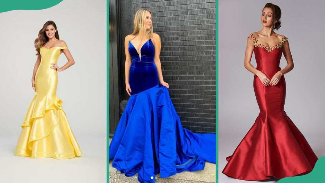 Yellow fit and flare ball gown (L), royal blue fit and flare ball gown (C), and wine red fit and flare ball gown (R) Yellow fit and flare ball gown (L), royal blue fit and flare ball gown (C), and wine red fit and flare ball gown (R)
