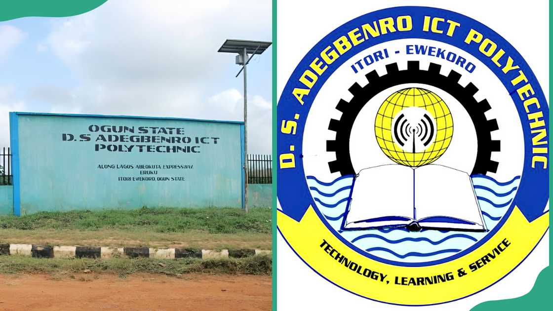 D.S. Adegbenro Polytechnic signage (L), and the polytechnic's logo (R)