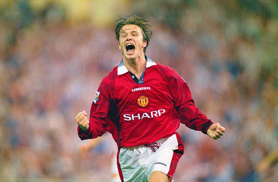 David Beckham celebrates after scoring the third goal in the 1996 FA Charity Shield David Beckham celebrates after scoring the third goal in the 1996 FA Charity Shield