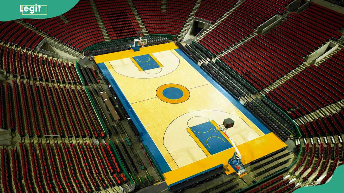 An aerial view of an empty basketball arena An aerial view of an empty basketball arena