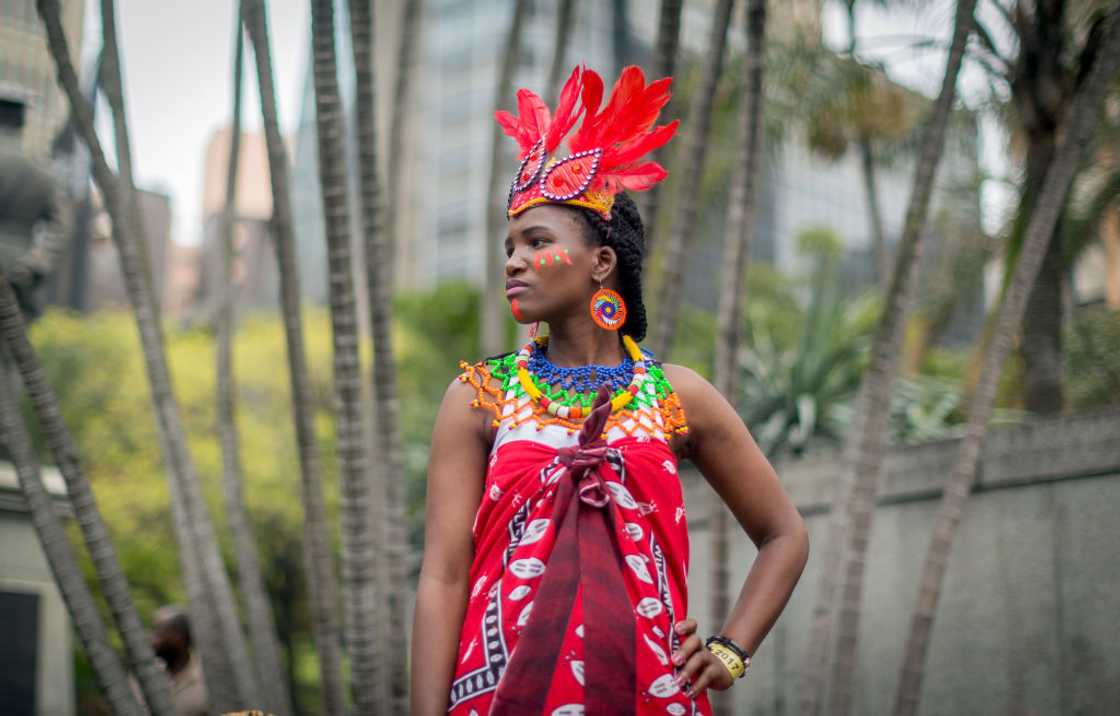African woman in red dress