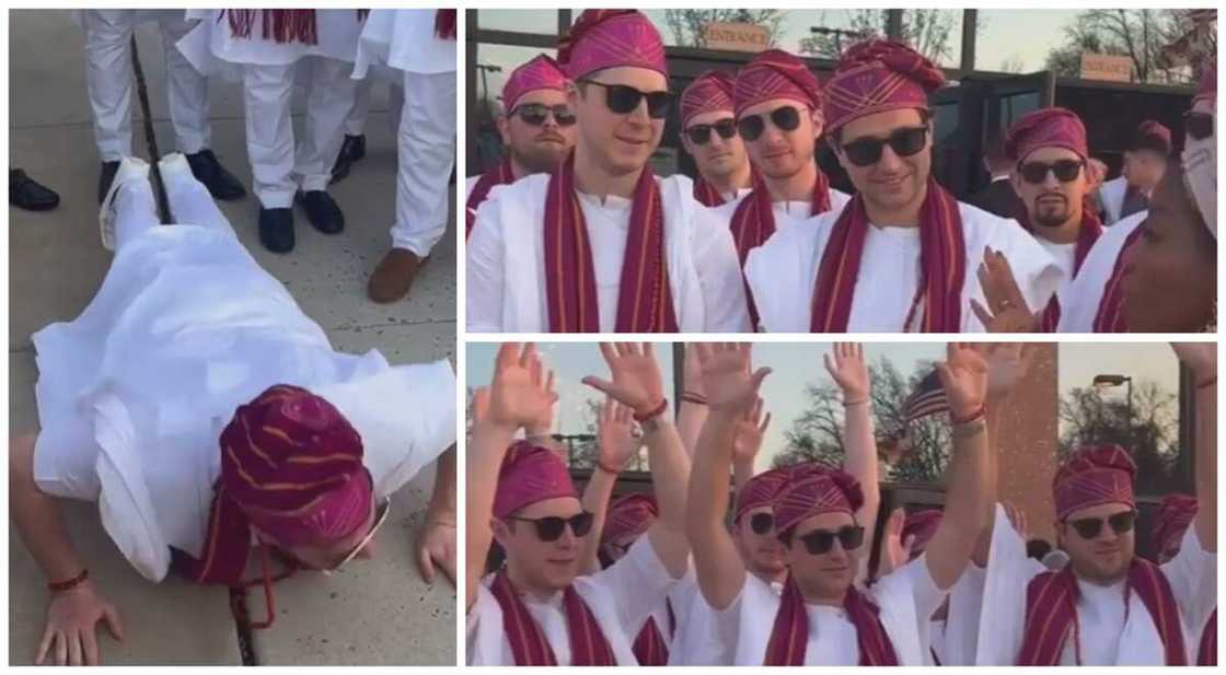 A group of Oyinbo grooms has been seen learning how to perform the traditional Yoruba dobale in preparation to storm a Yoruba wedding. A group of Oyinbo grooms has been seen learning how to perform the traditional Yoruba dobale in preparation to storm a Yoruba wedding.