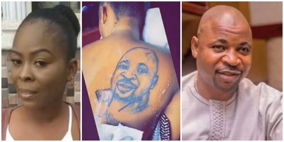 Mixed reactions lady's tattoo of face and name of MC Oluomo on her back