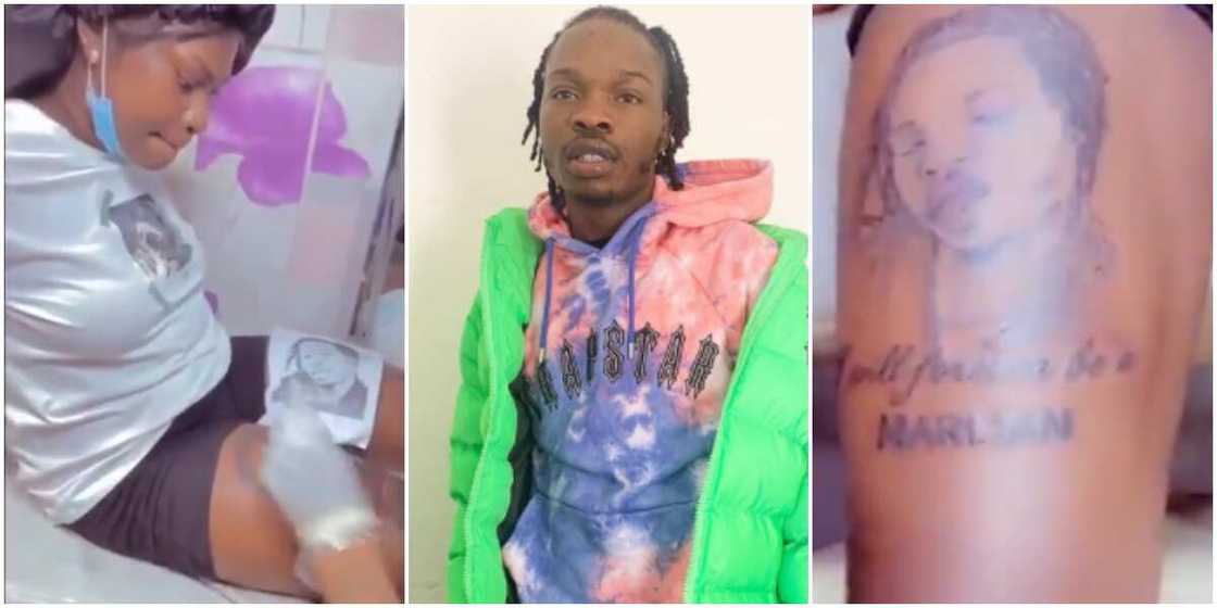 Another die-hard fan renders Naira Marley speechless yet again as she tattoos his face on her thigh