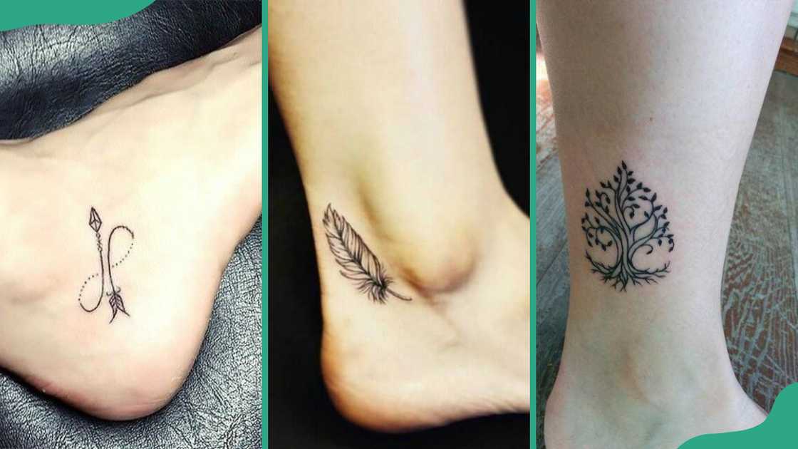 Arrow (L), feather (C) and tree of life (R) tattoos