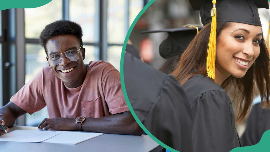 Smiling male student with exam papers at desk (L). Female graduate student at graduation ceremony (R)