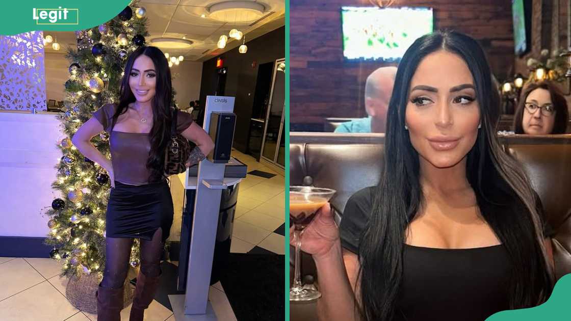 Angelina Pivarnick poses next to a Christmas tree. She enjoys a drink at a restaurant Angelina Pivarnick poses next to a Christmas tree. She enjoys a drink at a restaurant