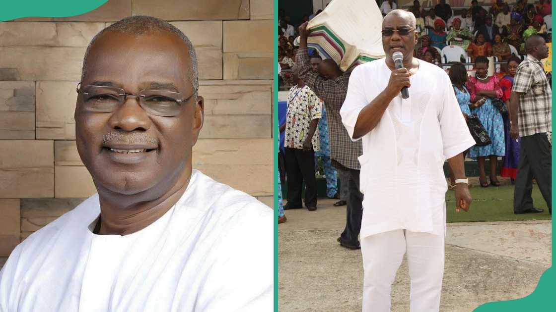 Mike Mku in a white outfit and speaking at a public event Mike Mku in a white outfit and speaking at a public event