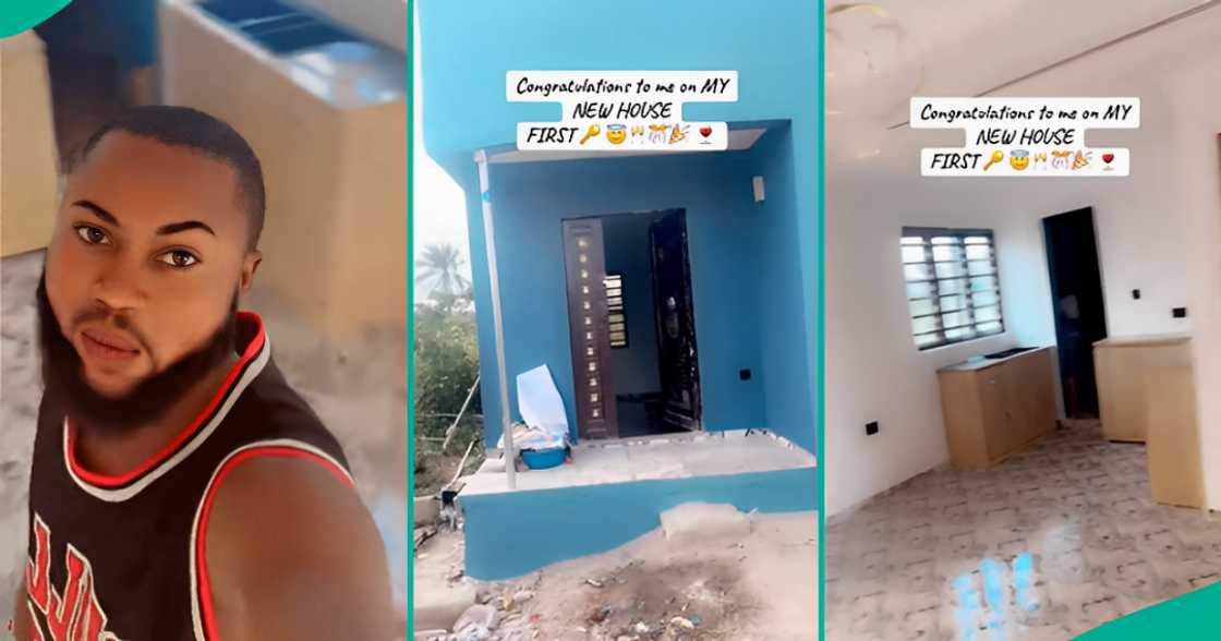 A young Nigerian man shows off the room and palour self contain he built on a small land. A young Nigerian man shows off the room and palour self contain he built on a small land.
