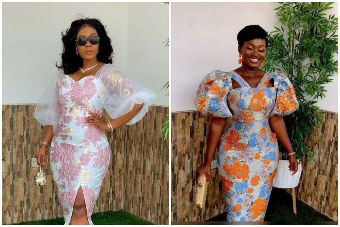 Women displaying variations of Brocade damask gown Women displaying variations of Brocade damask gown