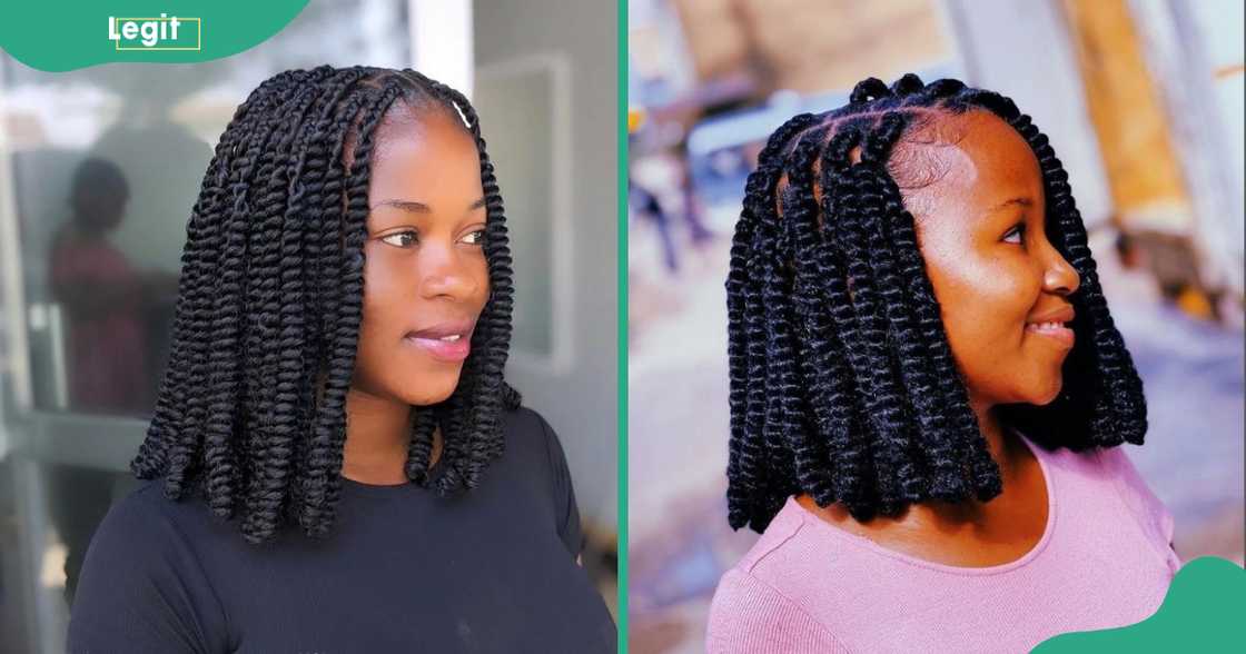 Two women show off their bob hairstyles.