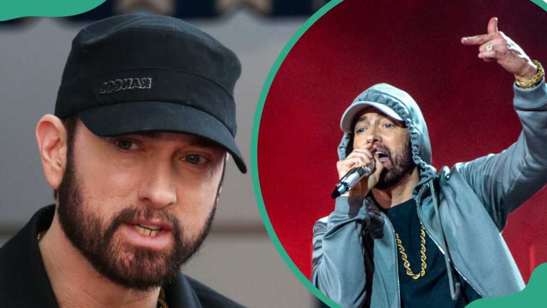 Eminem attends a ceremony honouring Curtis "50 Cent" Jackson (L). The rapper performing onstage (R) Eminem attends a ceremony honouring Curtis "50 Cent" Jackson (L). The rapper performing onstage (R)