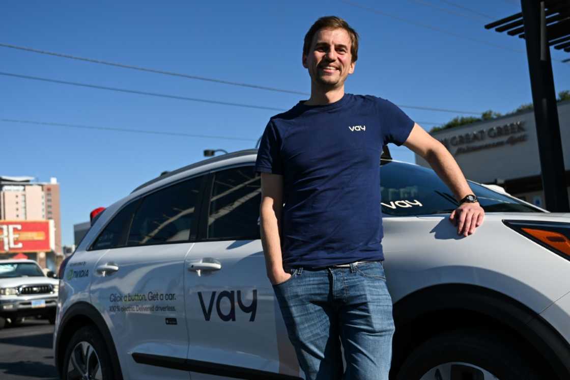 Thomas von der Ohe, CEO and Co-Founder of Vay Technology, stands for a portrait with a remote driving Kia. Over the last year, riders in Las Vegas have been able to test drive the vehicle