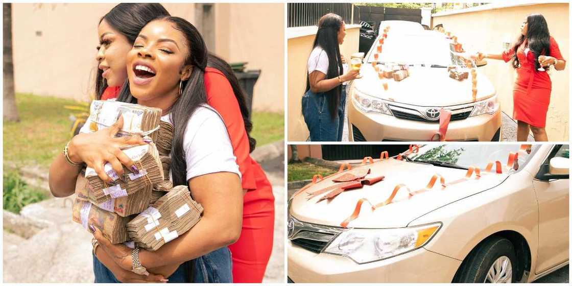 Laura Ikeji gets brand new car and huge bundles of cash as birthday gift from friend Laura Ikeji gets brand new car and huge bundles of cash as birthday gift from friend