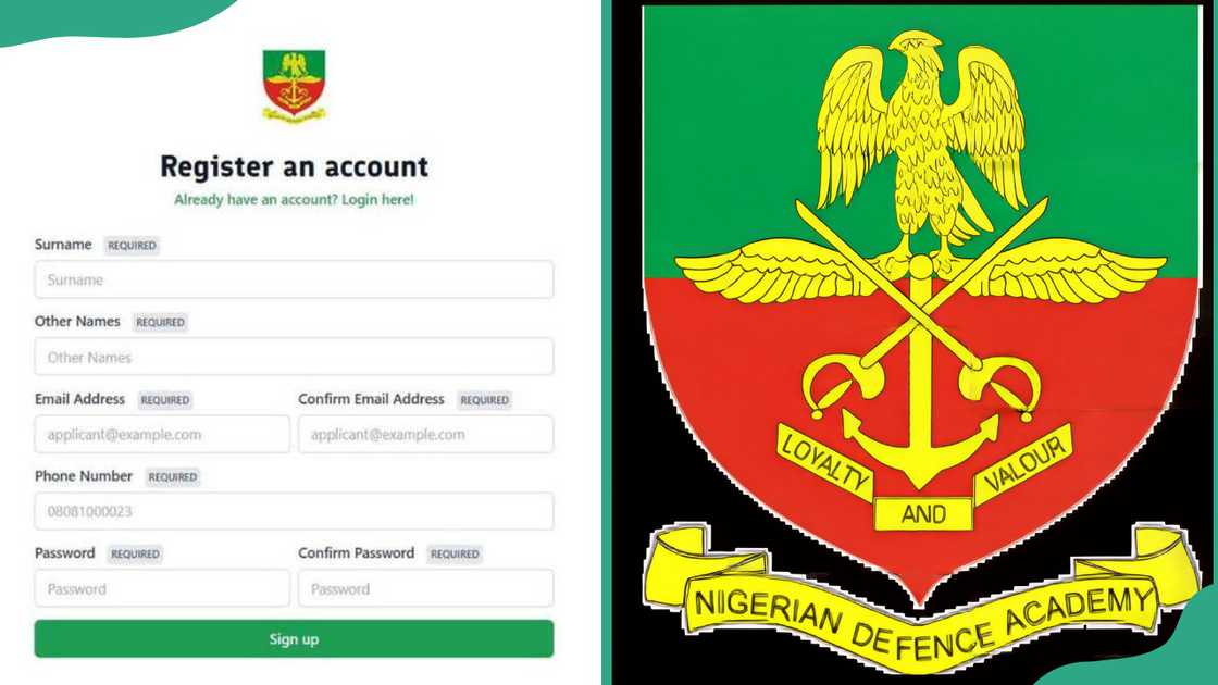 Nigerian Defence Academy admission portal and logo