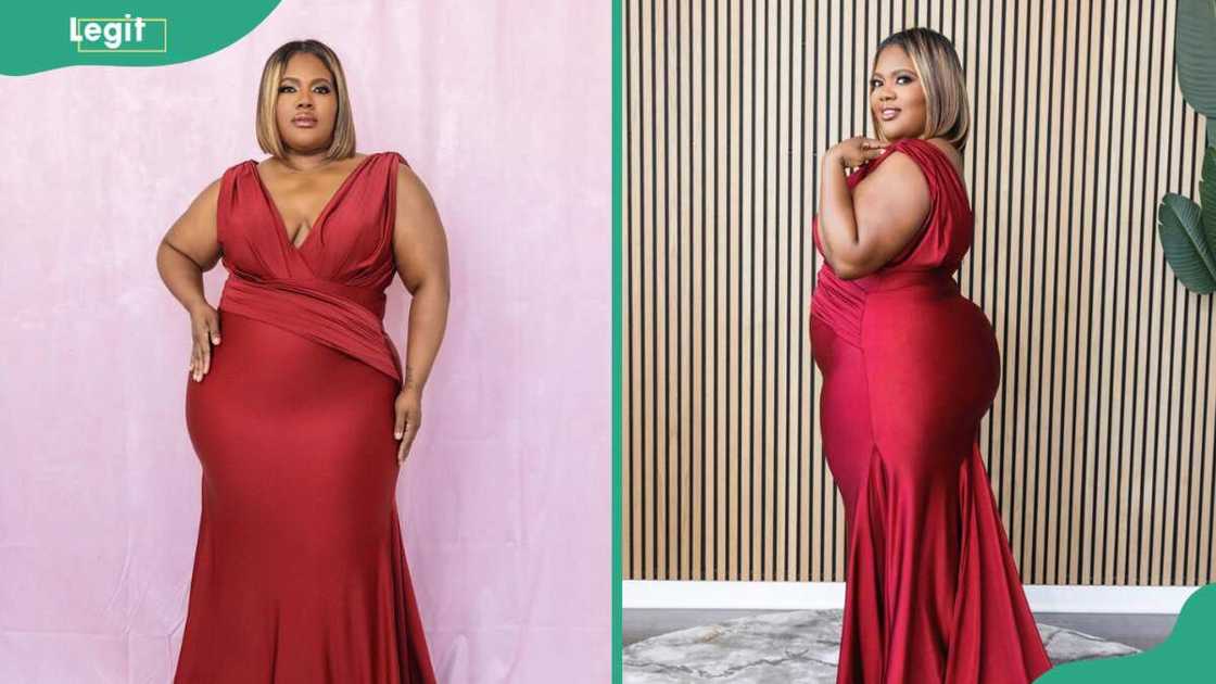 A plus size woman in a burgundy gown A plus size woman in a burgundy gown