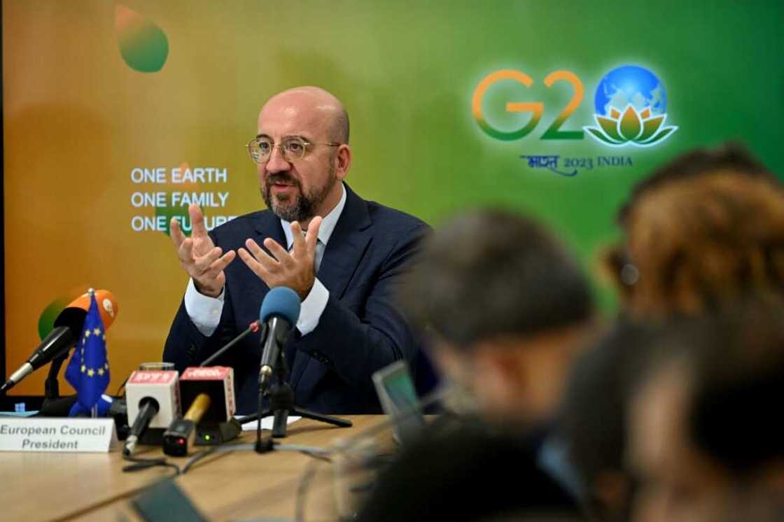 European Council President Charles Michel speaks during a press conference in New Delhi European Council President Charles Michel speaks during a press conference in New Delhi