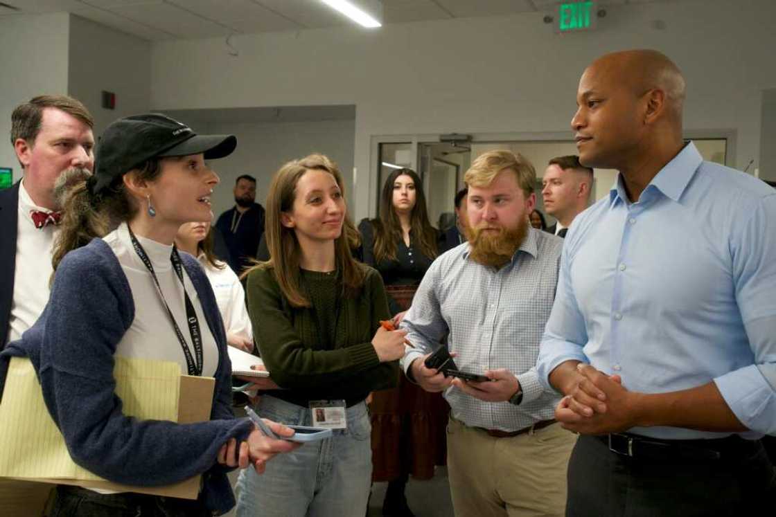 Gellman asks Maryland Governor Wes Moore a question after a press conference at an urban Maryland Gellman asks Maryland Governor Wes Moore a question after a press conference at an urban Maryland