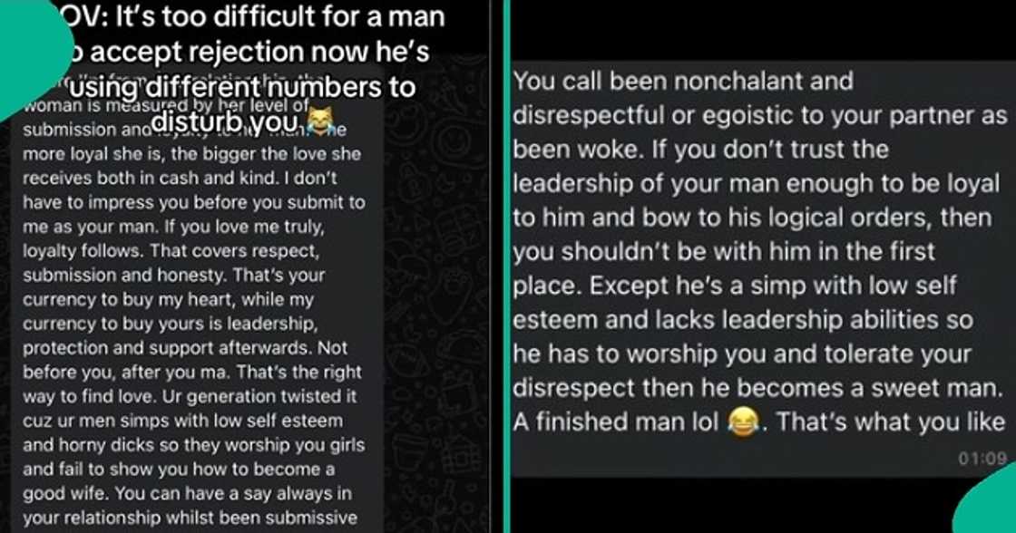 Nigerian lady displays the messages she received from her ex-boyfriend on WhatsApp.