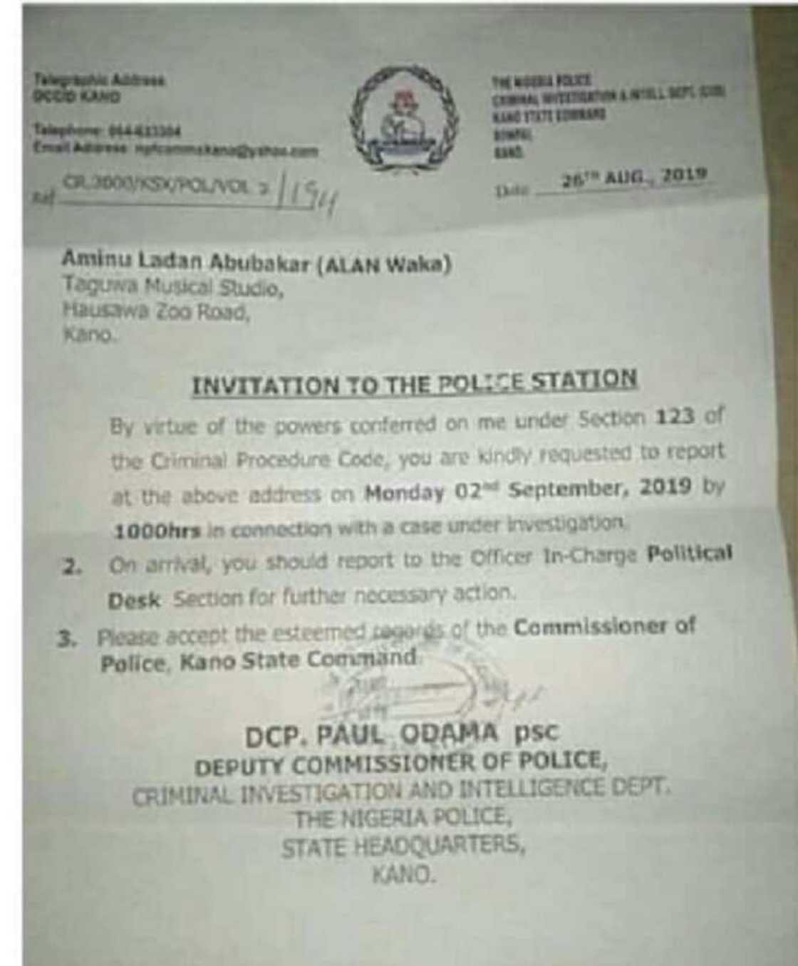 Yan Sanda sun aikawa Aminu Ladan (ALA) sammaci a Jihar Kano Yan Sanda sun aikawa Aminu Ladan (ALA) sammaci a Jihar Kano