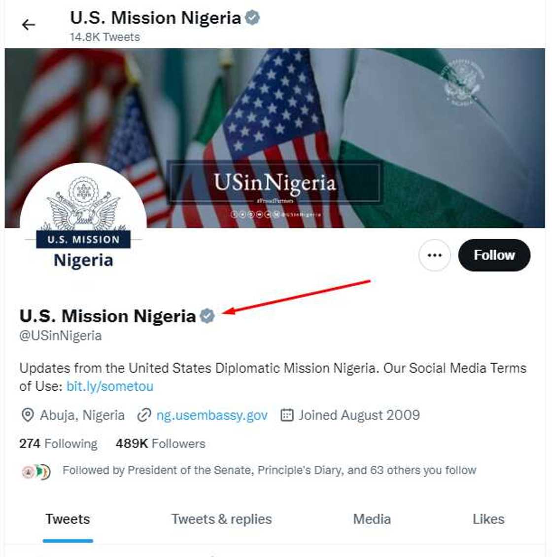 US Embassy Twitter page/Grey tick. US Embassy Twitter page/Grey tick.