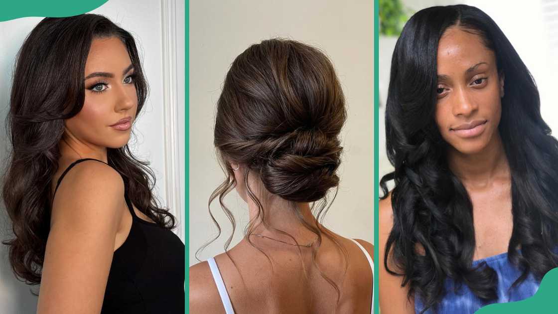 Blown out bouncy hair (L), Low Chignon bun (C), Side swept curls (R). Blown out bouncy hair (L), Low Chignon bun (C), Side swept curls (R).