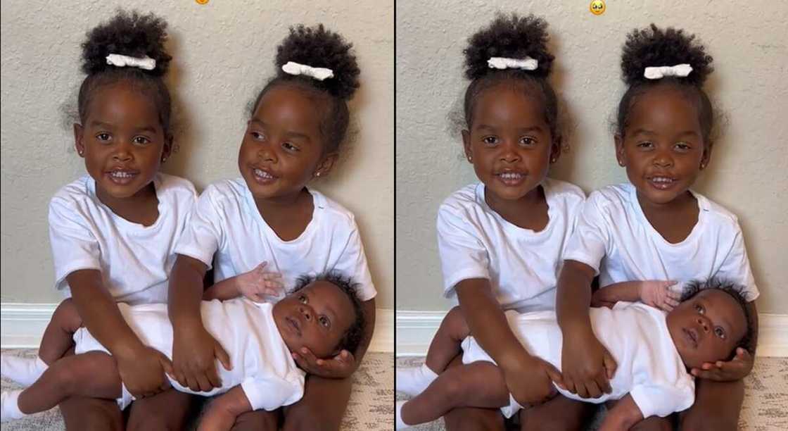 Photos of a set of twins holding their younger brother.