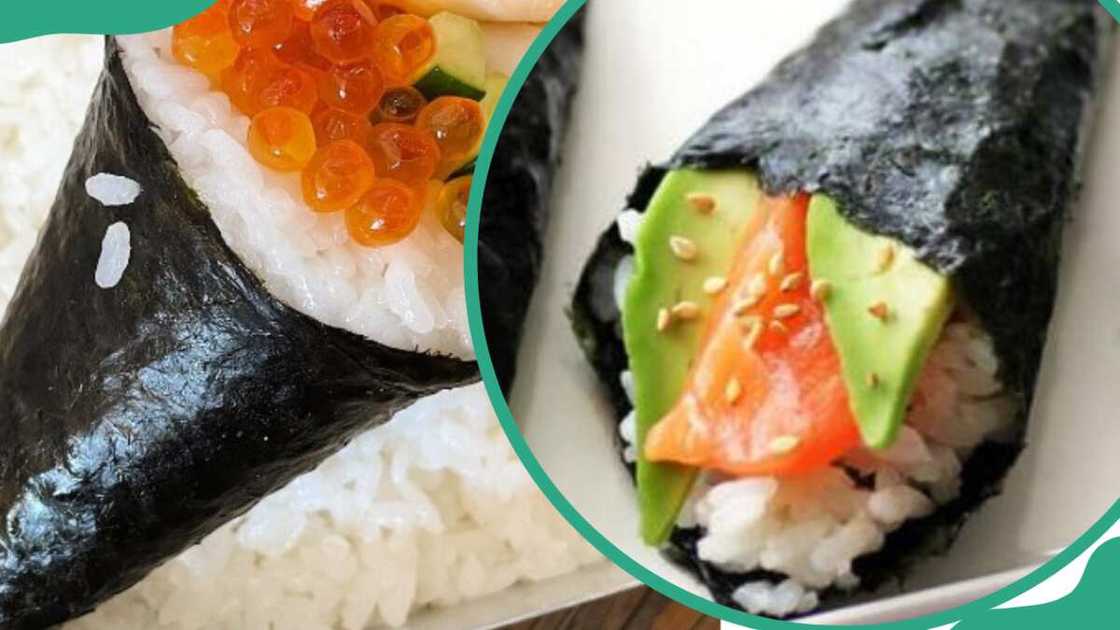 Temakizushi garnished with avocado and tomato